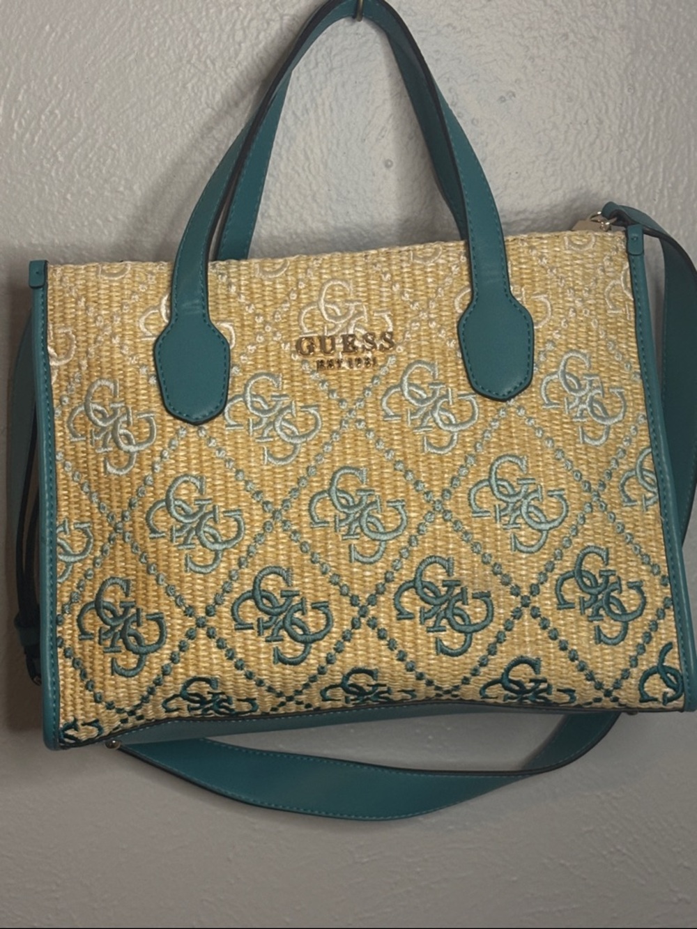 GUESS Teal and Natural Logo-Embroidered Woven Tote